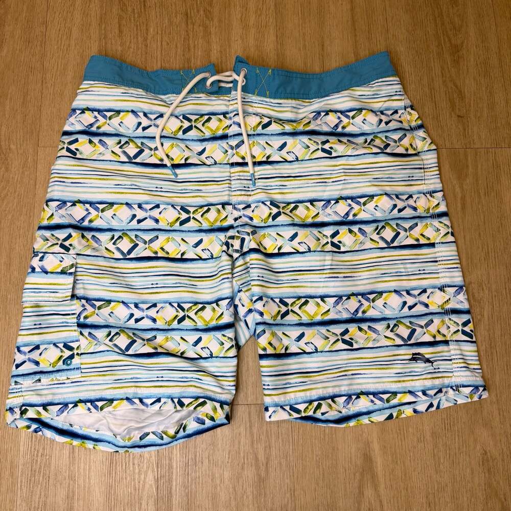 Tommy Bahama Cecina 9" Mens Board Shorts XL Blue Yellow White Lined
